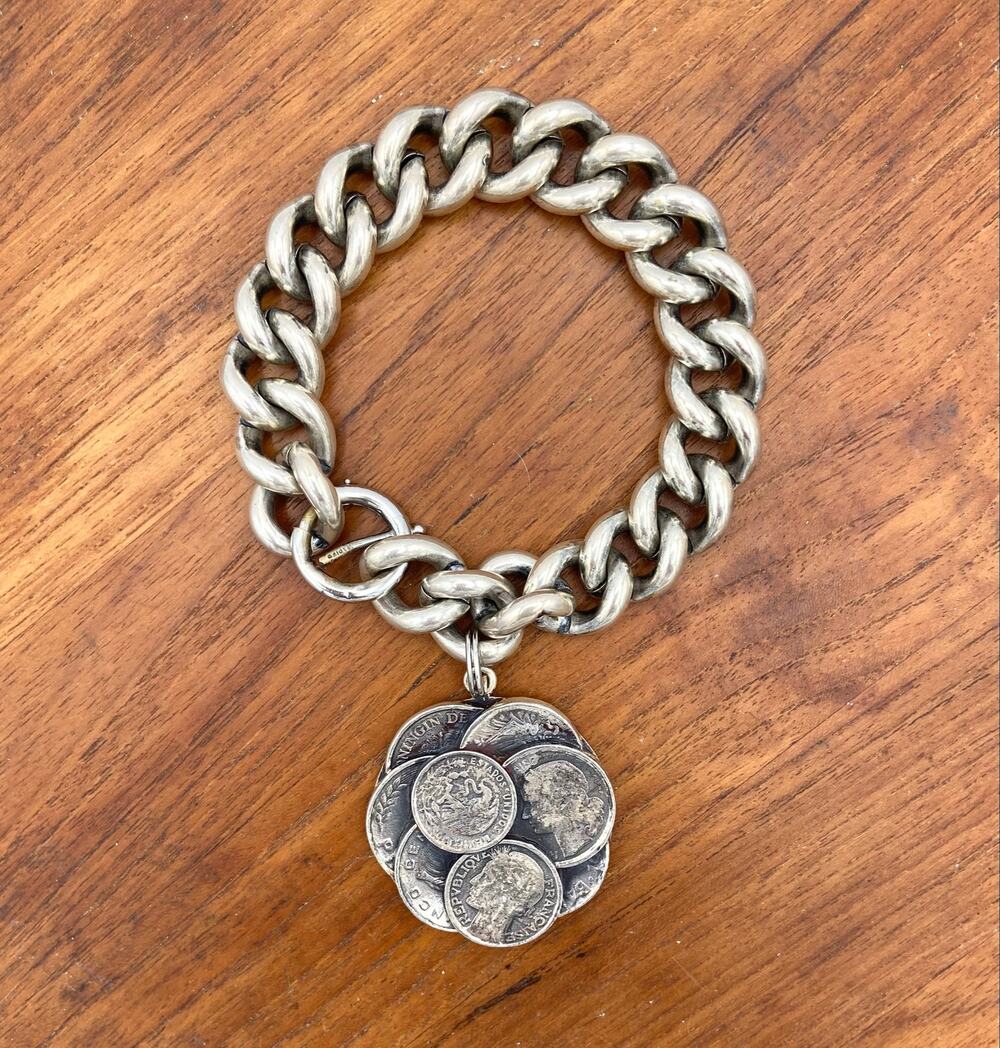 Vintage Napier Curb Chain Charm Bracelet Faux Coin Cluster Silver Tone Chunky